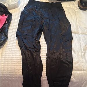 Black Satin Cargo Pants